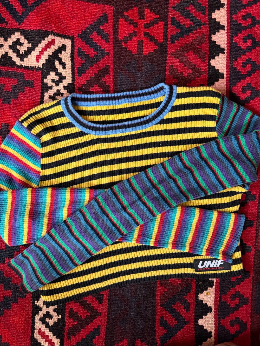 UNIF Striped Crewneck Sweater in Yellow, Black and Multicolor Sleeves